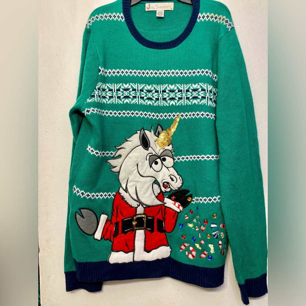 Jolly Sweaters Ugly Christmas Unicorn‎ Sequin Rhinestone Sweater Men’s Medium